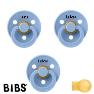 BIBS Colour Schnuller mit Namen, Gr. 1, 3 Sky Blue, Rund Latex, (3er Pack)